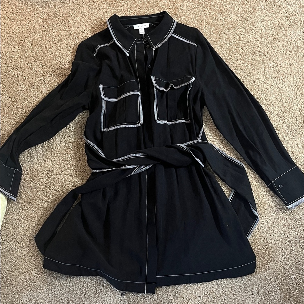 Topshop Black Shirt Dress with White Stitching